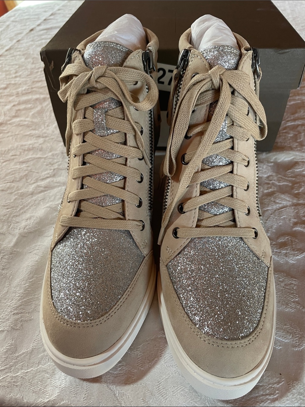 PAOLO NIYA GLIST Women's Beige Glitter High-Top Sneakers Build in heal Sz 71/2